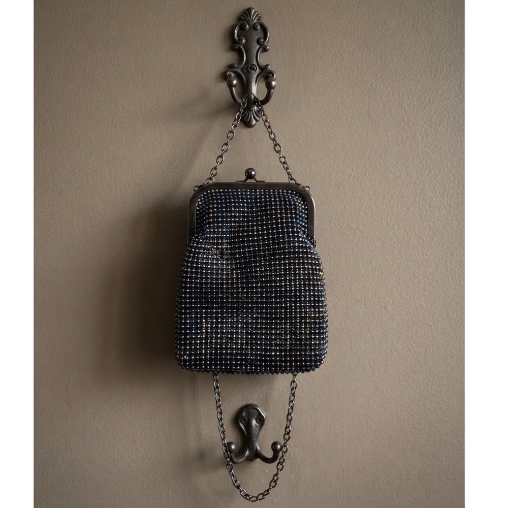 Jessica McClintock Iridescent Black Metal Mesh Kiss Lock Evening Bag Chain Strap